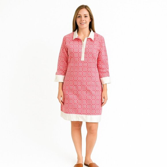 TIZZIE T-Shirt Dress L Pink White Geometric Print Long Sleeve Button Front Easy - Picture 1 of 16